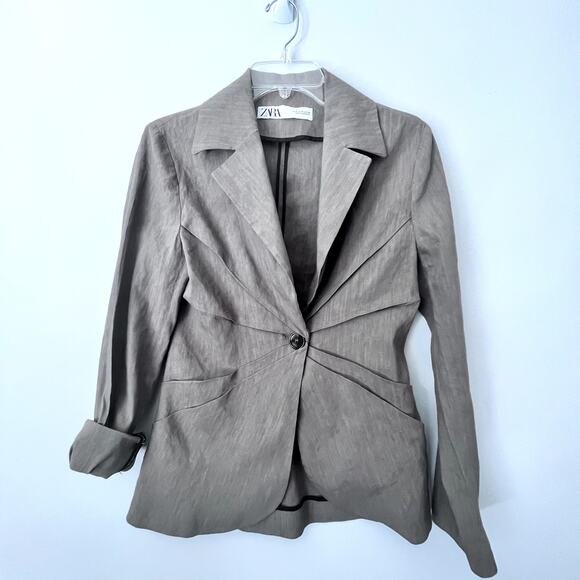 Zara Brown Tailored Blazer Suit Jacket Pleats Linen Blend size Medium - Picture 2 of 11
